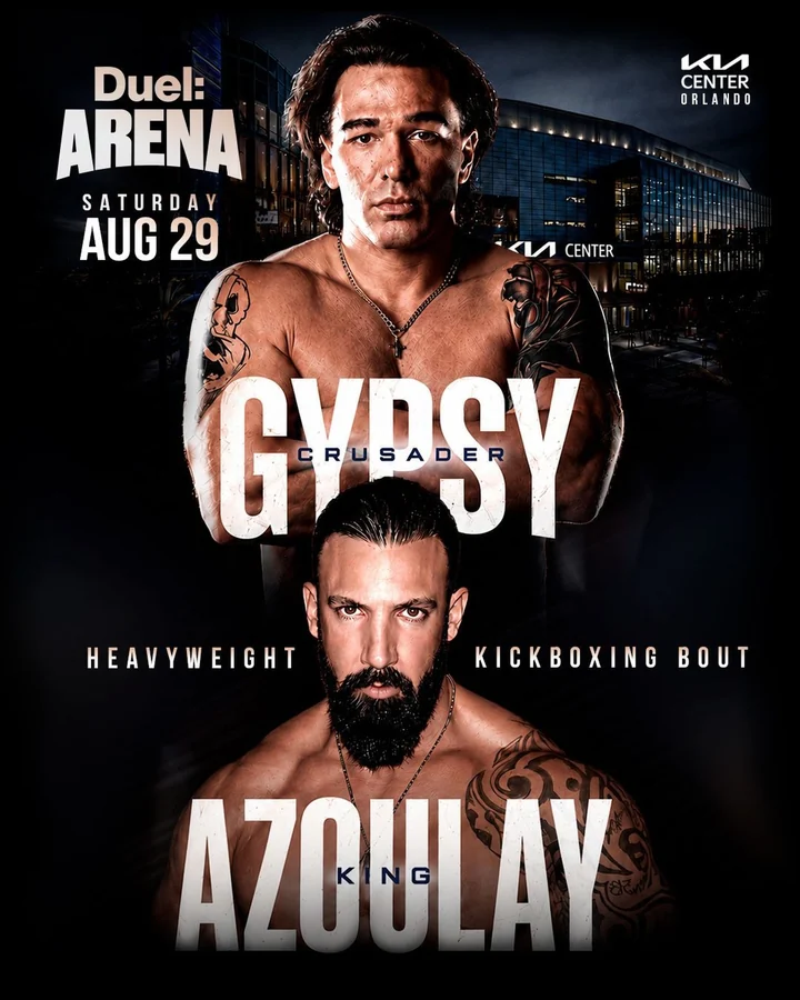Official Duel: Arena 1 poster for the heavyweight kickboxing bout between Gypsy Crusader and King Azoulay, Saturday August 29, Kia Center Orlando
