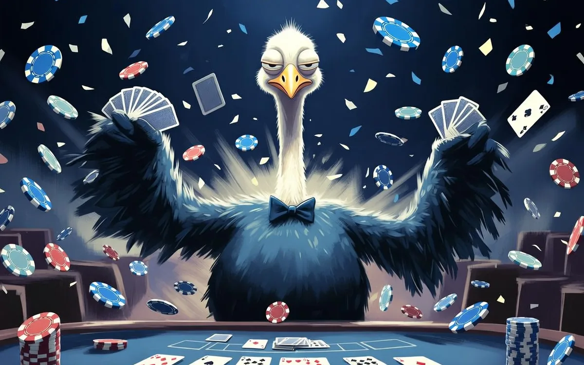Duel blackjack — an absurd ostrich dealer flinging cards and chips, in Duel's wild live-dealer style
