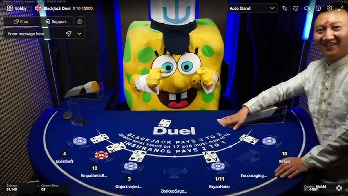 Duel Live Blackjack — a real dealer and a costumed mascot at the live streamed blackjack table
