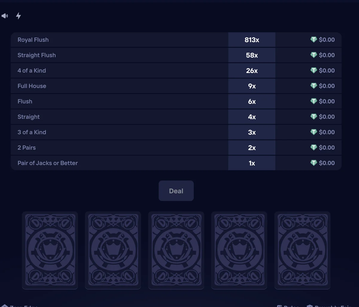 Duel Video Poker — the Jacks or Better payout table and five cards dealt
