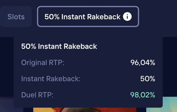 Duel 50% Instant Rakeback breakdown: original RTP 96.04%, Duel RTP 98.02%