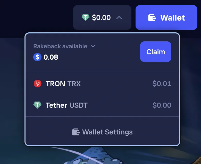 Duel wallet with Rakeback available and Claim button