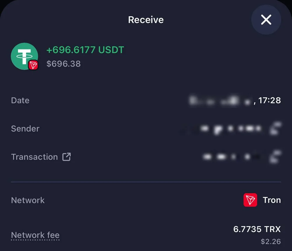 Wallet receiving 696.62 USDT on TRON at 17:28