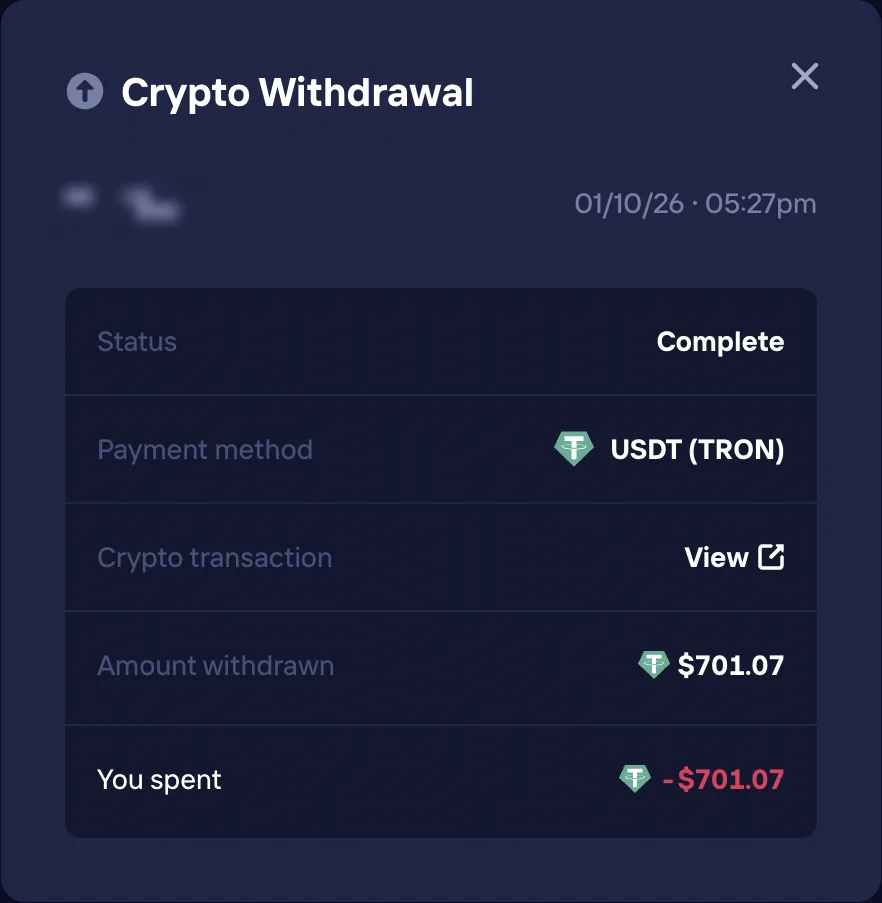 Duel withdrawal of $701.07 USDT on TRON, status Complete