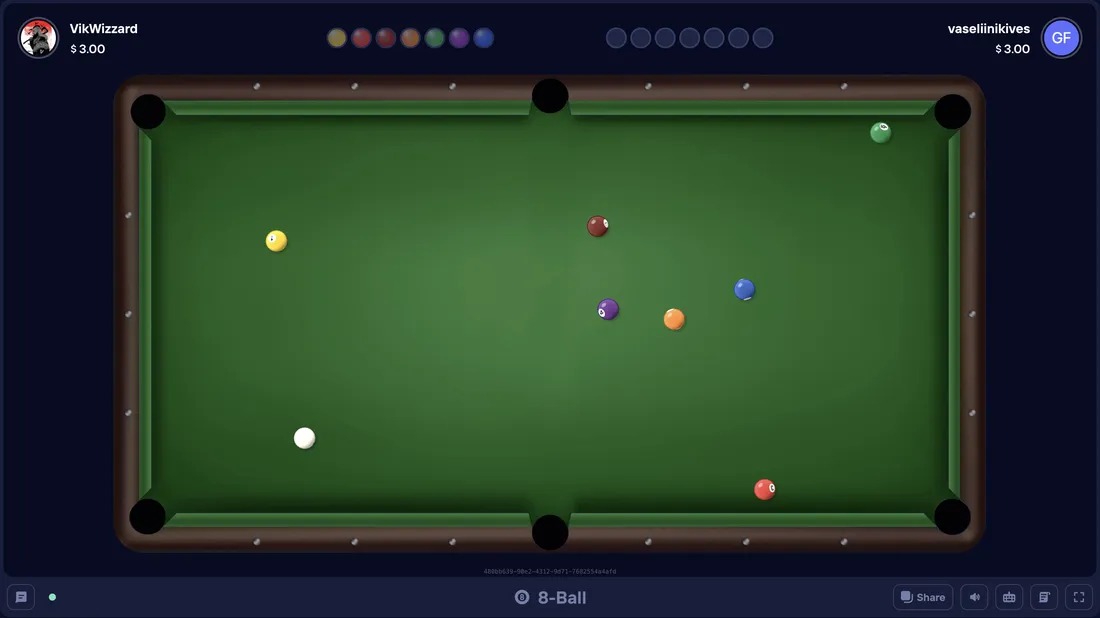 Duel Arena 8 Ball mid-game, VikWizzard vs vaseliinikives: the table thinning out as the opponent pots their group