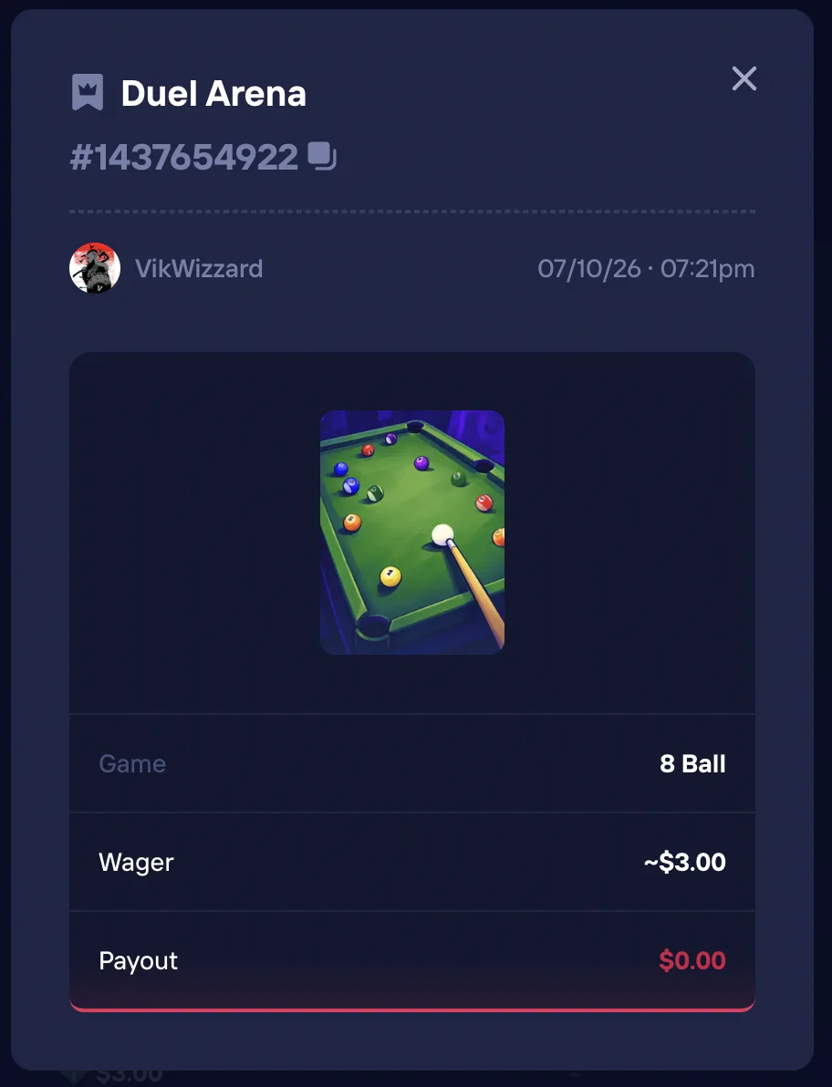 Duel Arena bet receipt #1437654922 for VikWizzard: 8 Ball, wager $3.00, payout $0.00