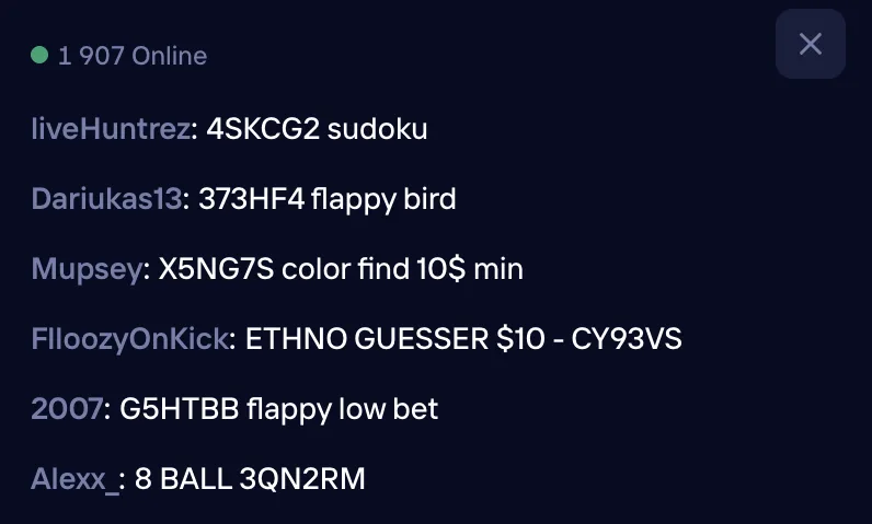 Duel chat lines where players post Arena lobby codes for Sudoku, Flappy Bird, Color Find, EthnoGuessr and 8 Ball