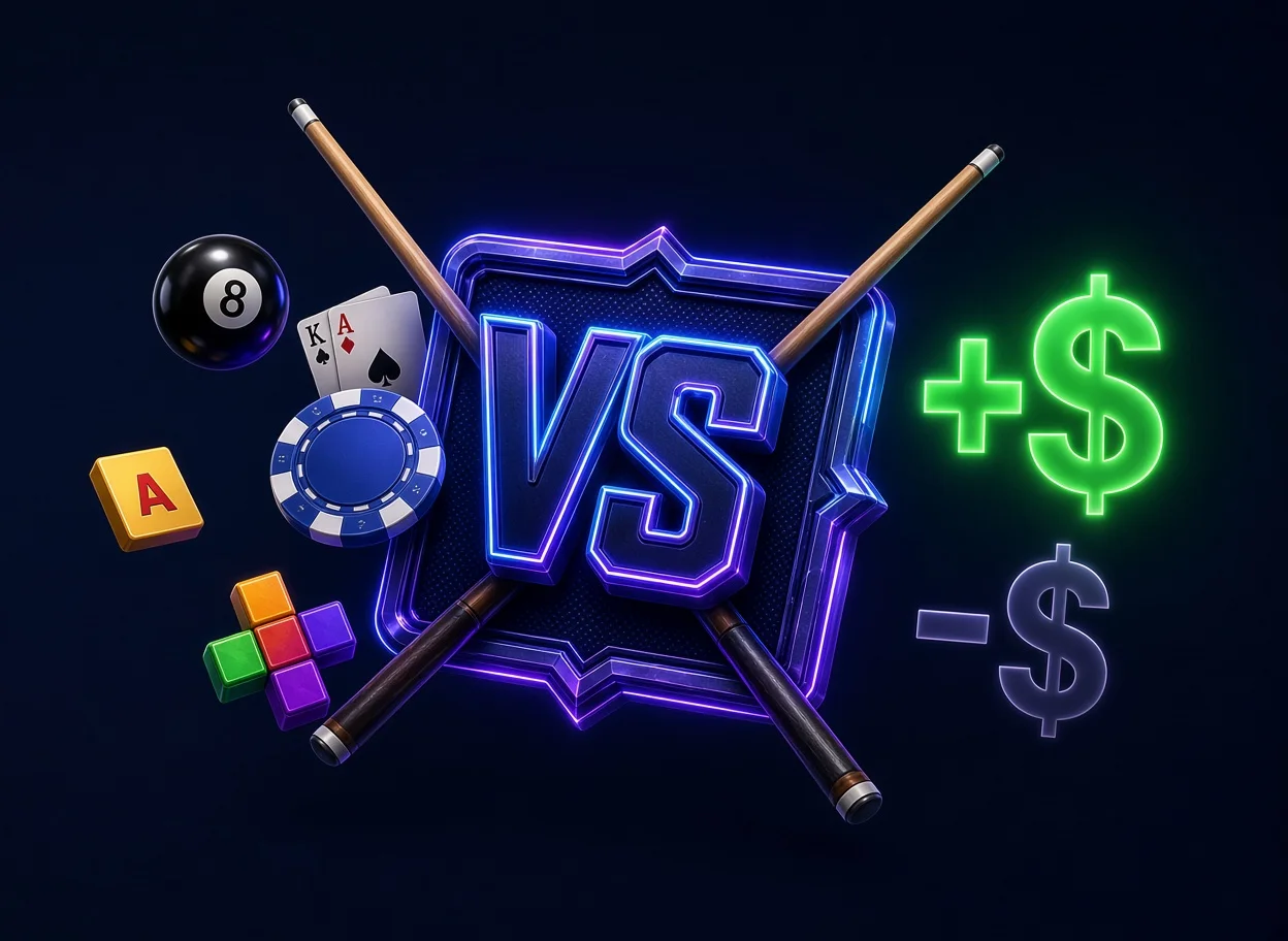 Duel Arena PvP: VS badge with crossed pool cues, an 8-ball, playing cards, a poker chip and game tiles, with +$ and −$ for winning or losing the pot
