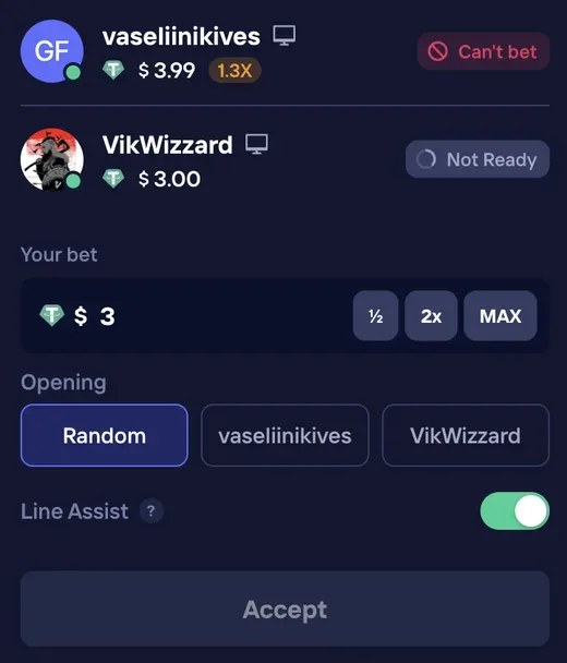 Duel Arena 8 Ball lobby with VikWizzard and vaseliinikives: $3 bet, opening player choice, Line Assist and the Accept button