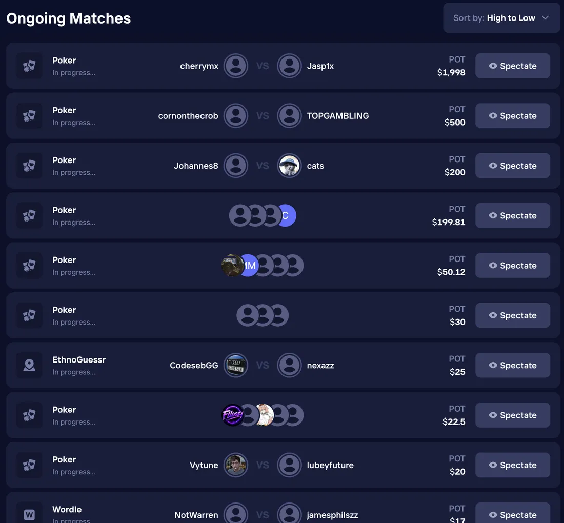 Duel Arena Ongoing Matches list with pots from $1,998 down, each with a Spectate button